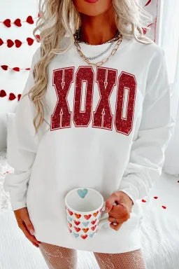 White Glitter XOXO Graphic Crewneck Valentines Pullover Sweatshirt-Krush Kandy, Women's Online Fashion Boutique Located in Phoenix, Arizona (Scottsdale Area)