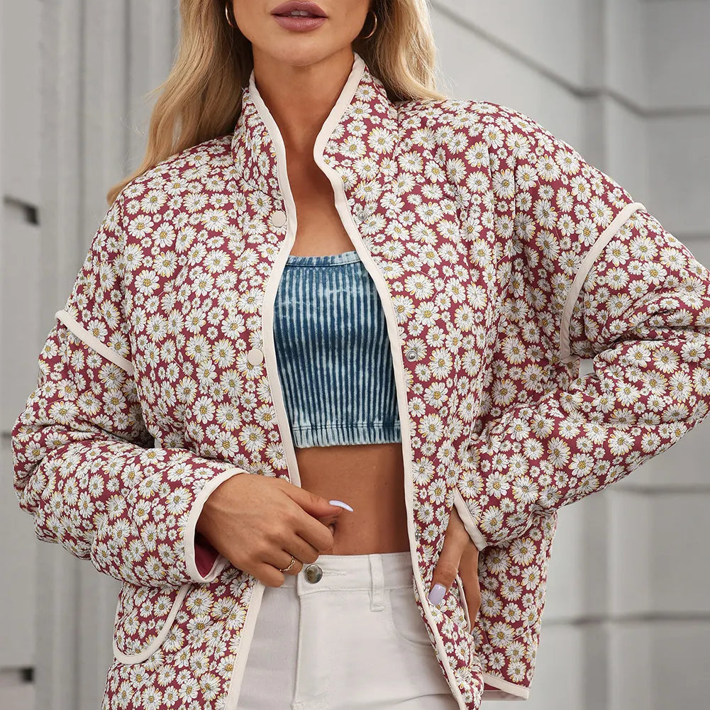 Floral Snap Down Mock Neck Coat-Krush Kandy, Women's Online Fashion Boutique Located in Phoenix, Arizona (Scottsdale Area)