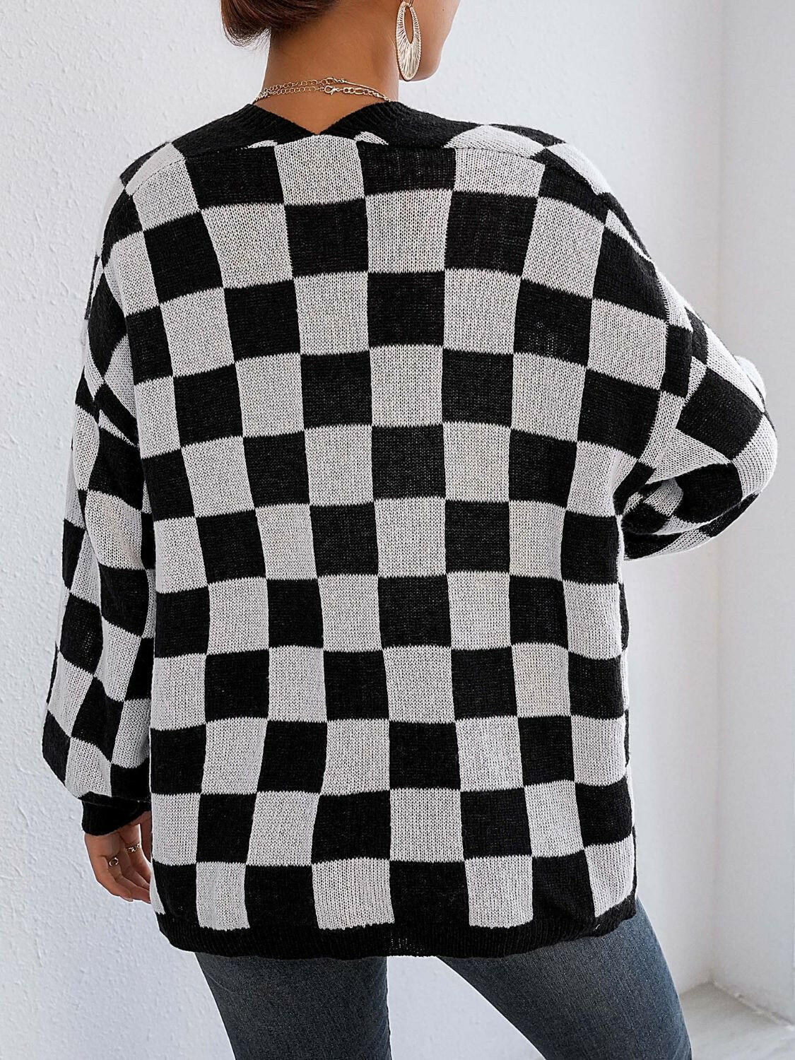 Checkered Open Front Long Sleeve Cardigan-Cardigans-Krush Kandy, Women's Online Fashion Boutique Located in Phoenix, Arizona (Scottsdale Area)