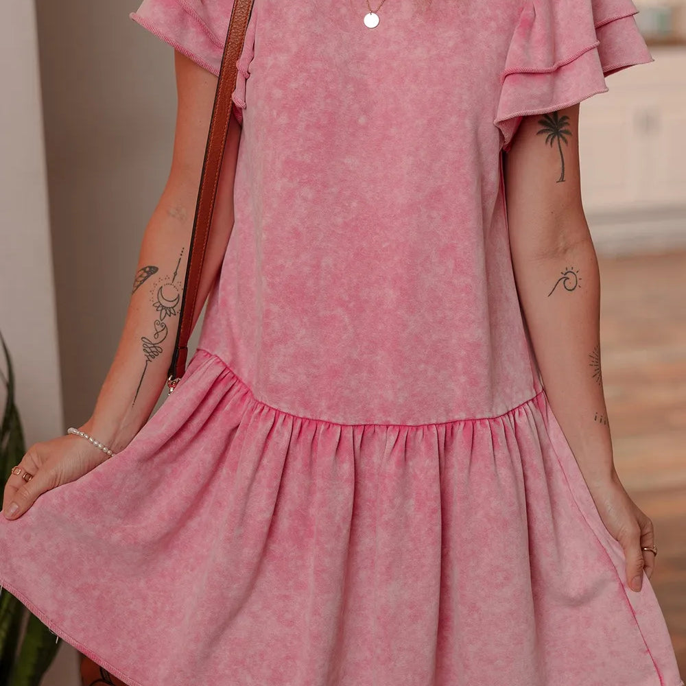 Mineral Wash Raw Edge Ruffle Mini Dress-Dresses-Krush Kandy, Women's Online Fashion Boutique Located in Phoenix, Arizona (Scottsdale Area)