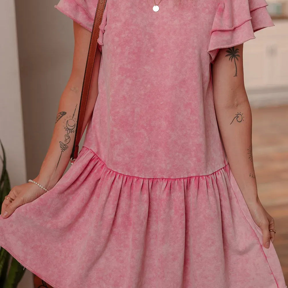 Mineral Wash Raw Edge Ruffle Mini Dress-Dresses-Krush Kandy, Women's Online Fashion Boutique Located in Phoenix, Arizona (Scottsdale Area)