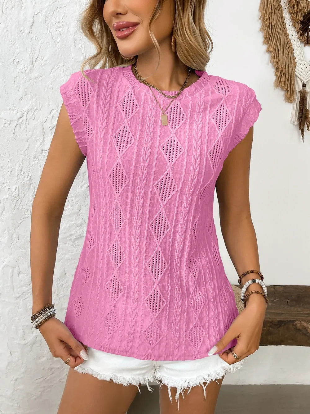 Eyelet Round Neck Cap Sleeve Top-Krush Kandy, Women's Online Fashion Boutique Located in Phoenix, Arizona (Scottsdale Area)