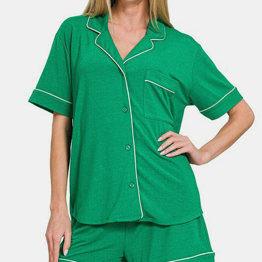 Zenana Button Down Short Sleeve Top and Shorts Lounge Set-Loungewear-Krush Kandy, Women's Online Fashion Boutique Located in Phoenix, Arizona (Scottsdale Area)