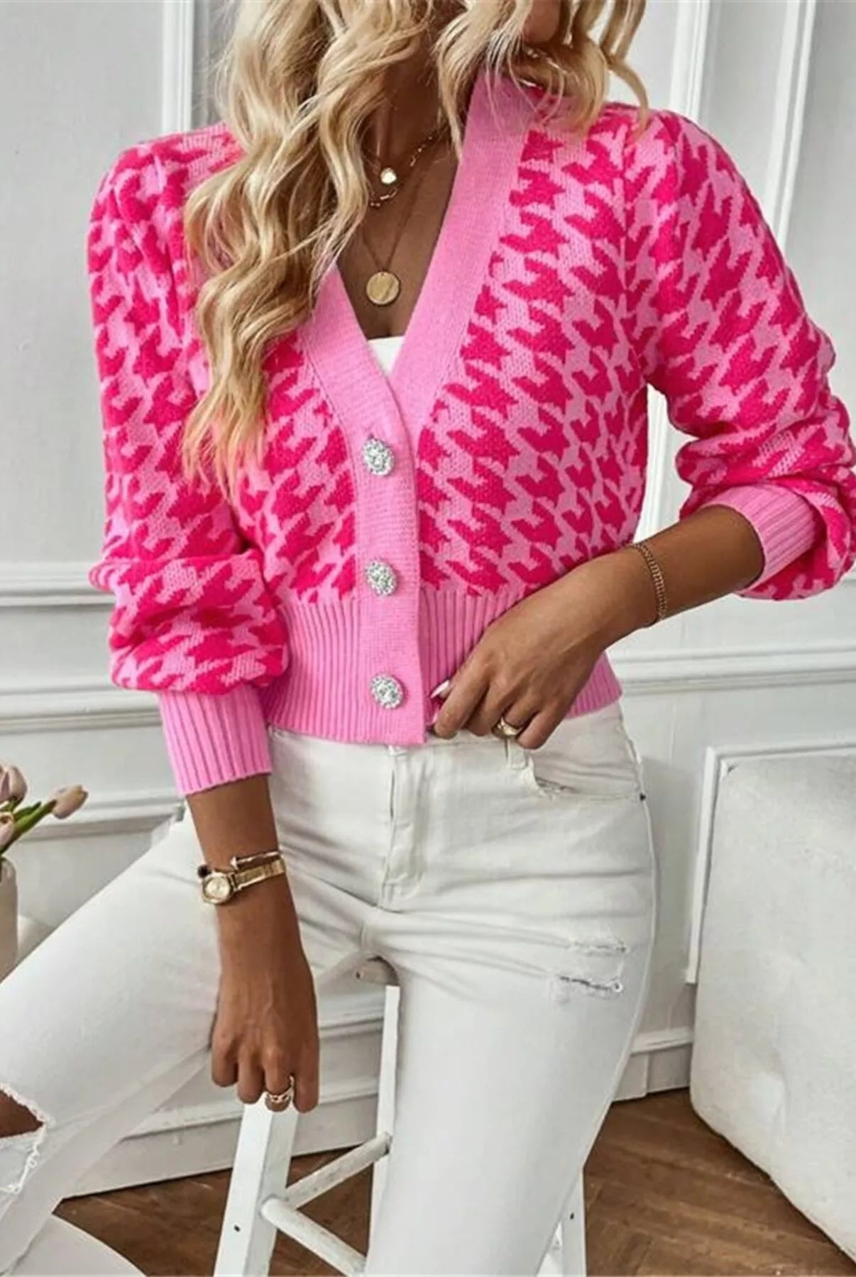 Houndstooth V-Neck Button Up Cardigan-Cardigan-Krush Kandy, Women's Online Fashion Boutique Located in Phoenix, Arizona (Scottsdale Area)