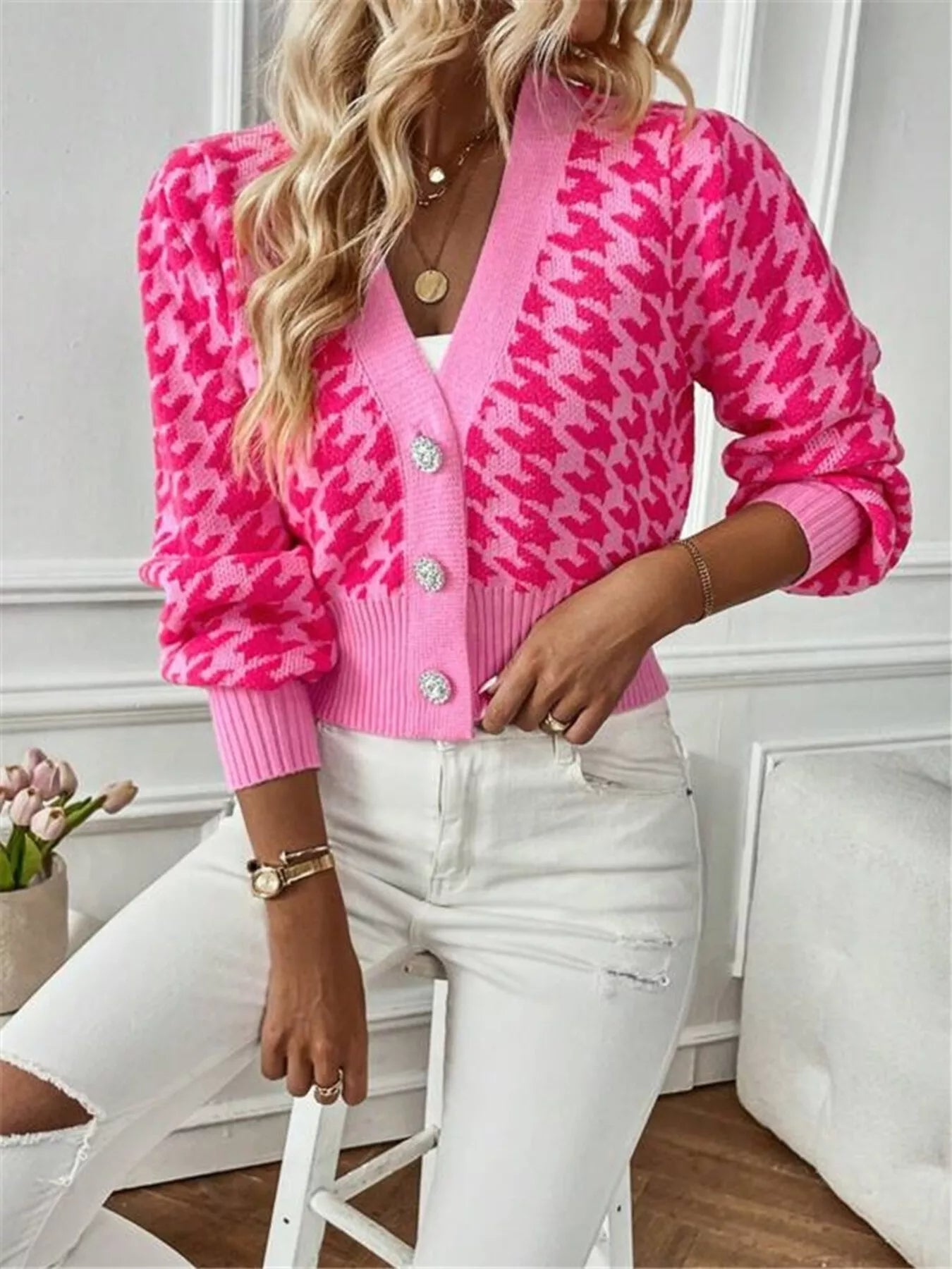 Houndstooth V-Neck Button Up Cardigan-Cardigan-Krush Kandy, Women's Online Fashion Boutique Located in Phoenix, Arizona (Scottsdale Area)