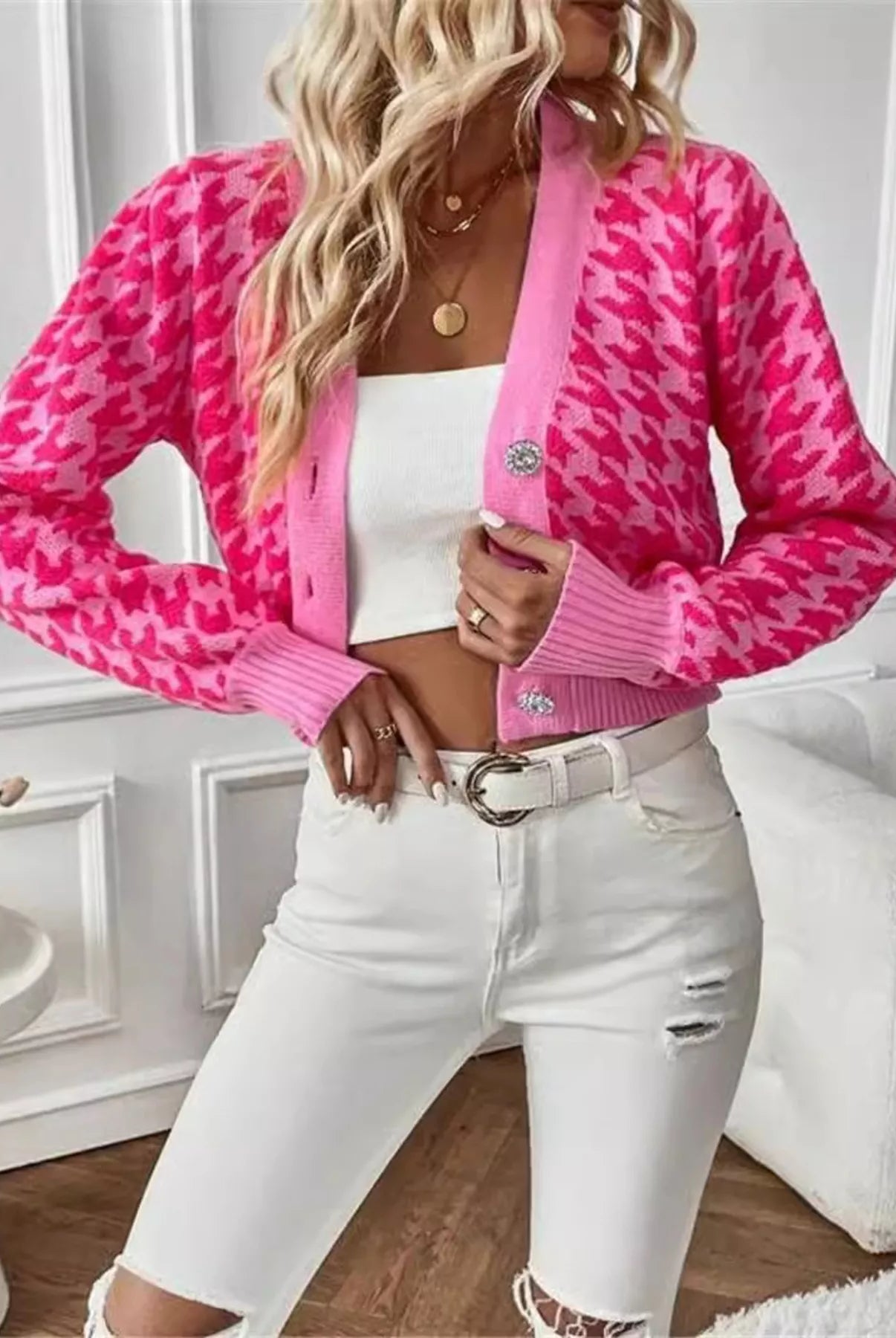 Houndstooth V-Neck Button Up Cardigan-Cardigan-Krush Kandy, Women's Online Fashion Boutique Located in Phoenix, Arizona (Scottsdale Area)