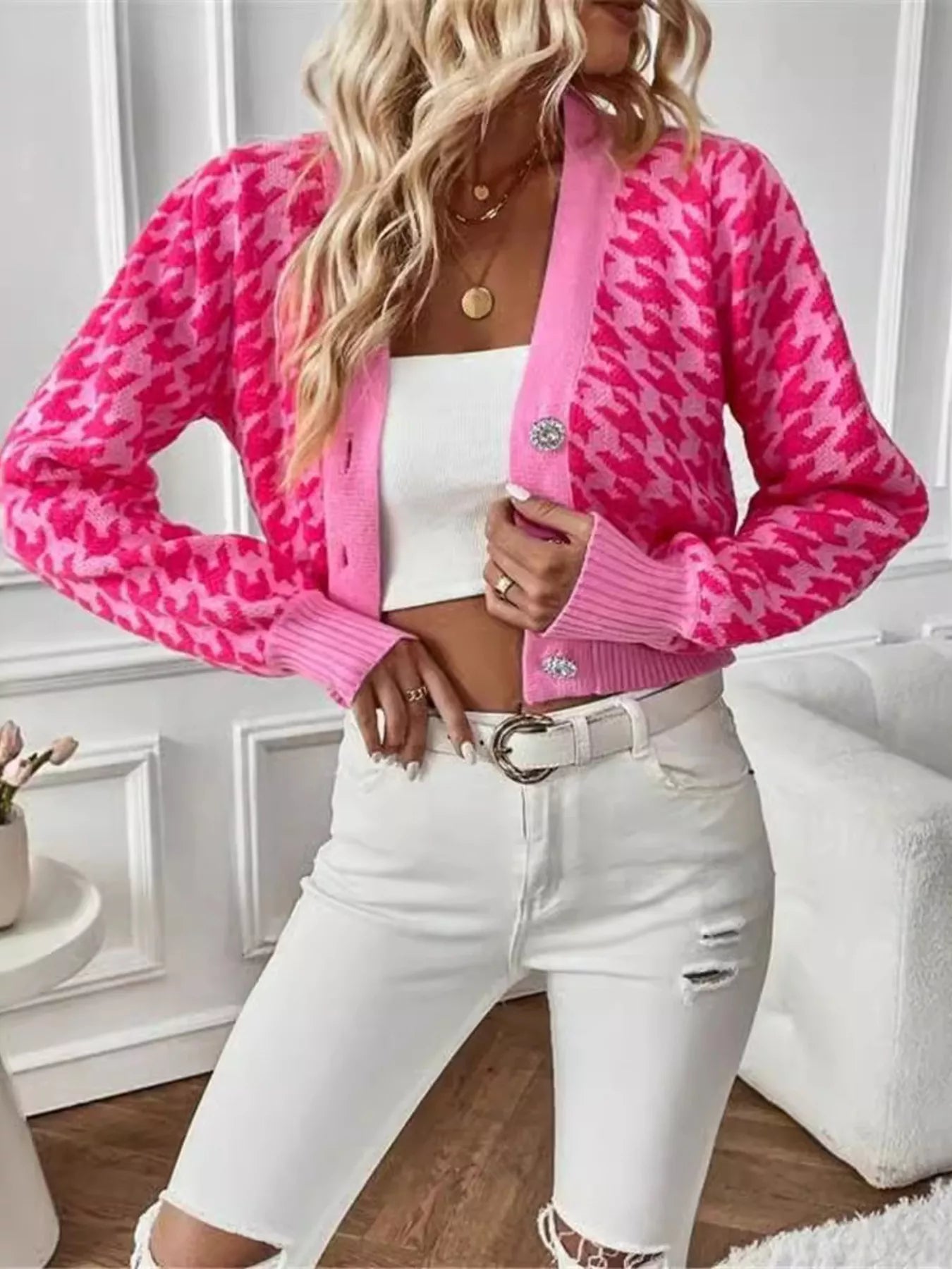 Houndstooth V-Neck Button Up Cardigan-Cardigan-Krush Kandy, Women's Online Fashion Boutique Located in Phoenix, Arizona (Scottsdale Area)