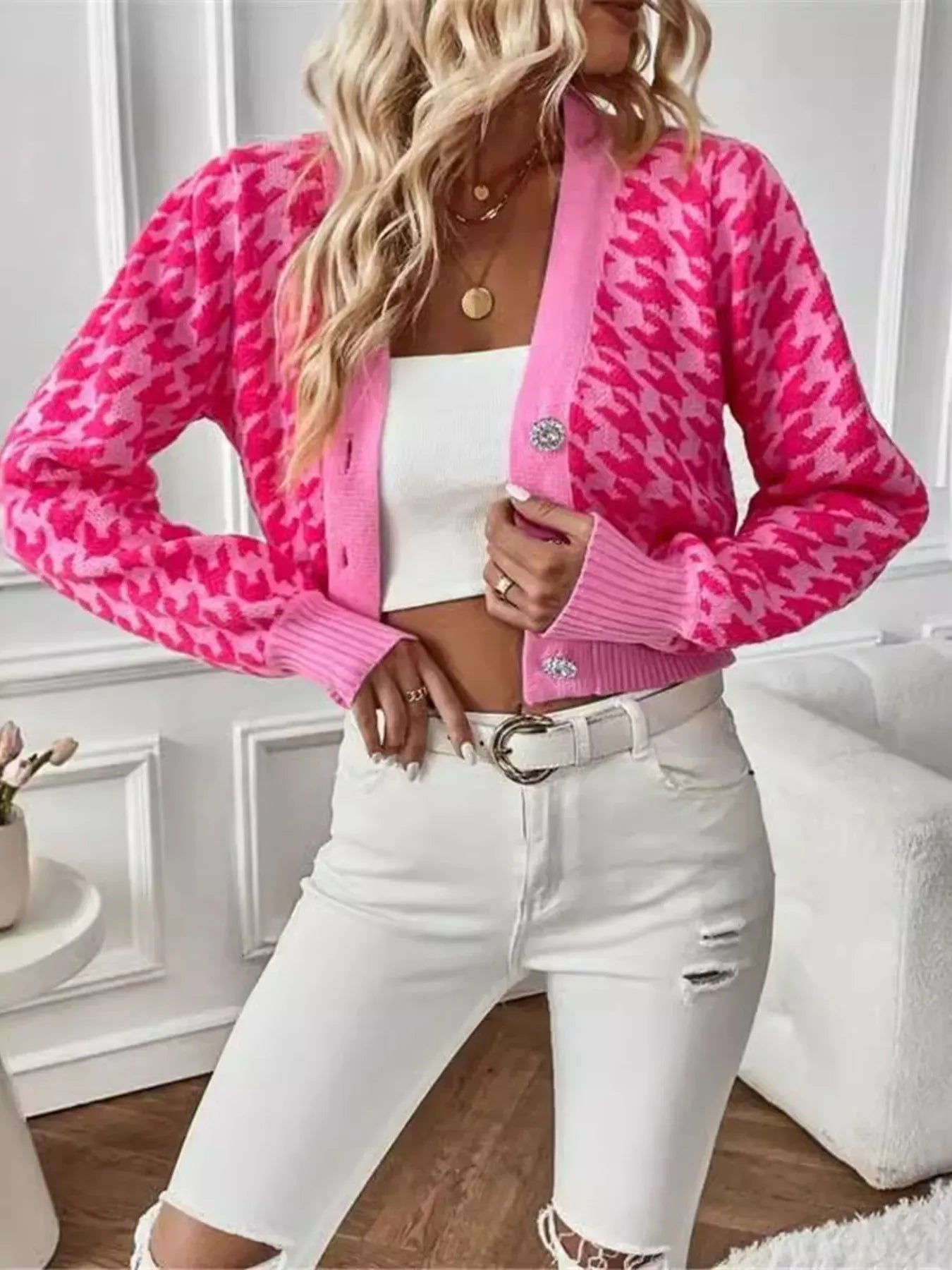 Houndstooth V-Neck Button Up Cardigan-Cardigan-Krush Kandy, Women's Online Fashion Boutique Located in Phoenix, Arizona (Scottsdale Area)