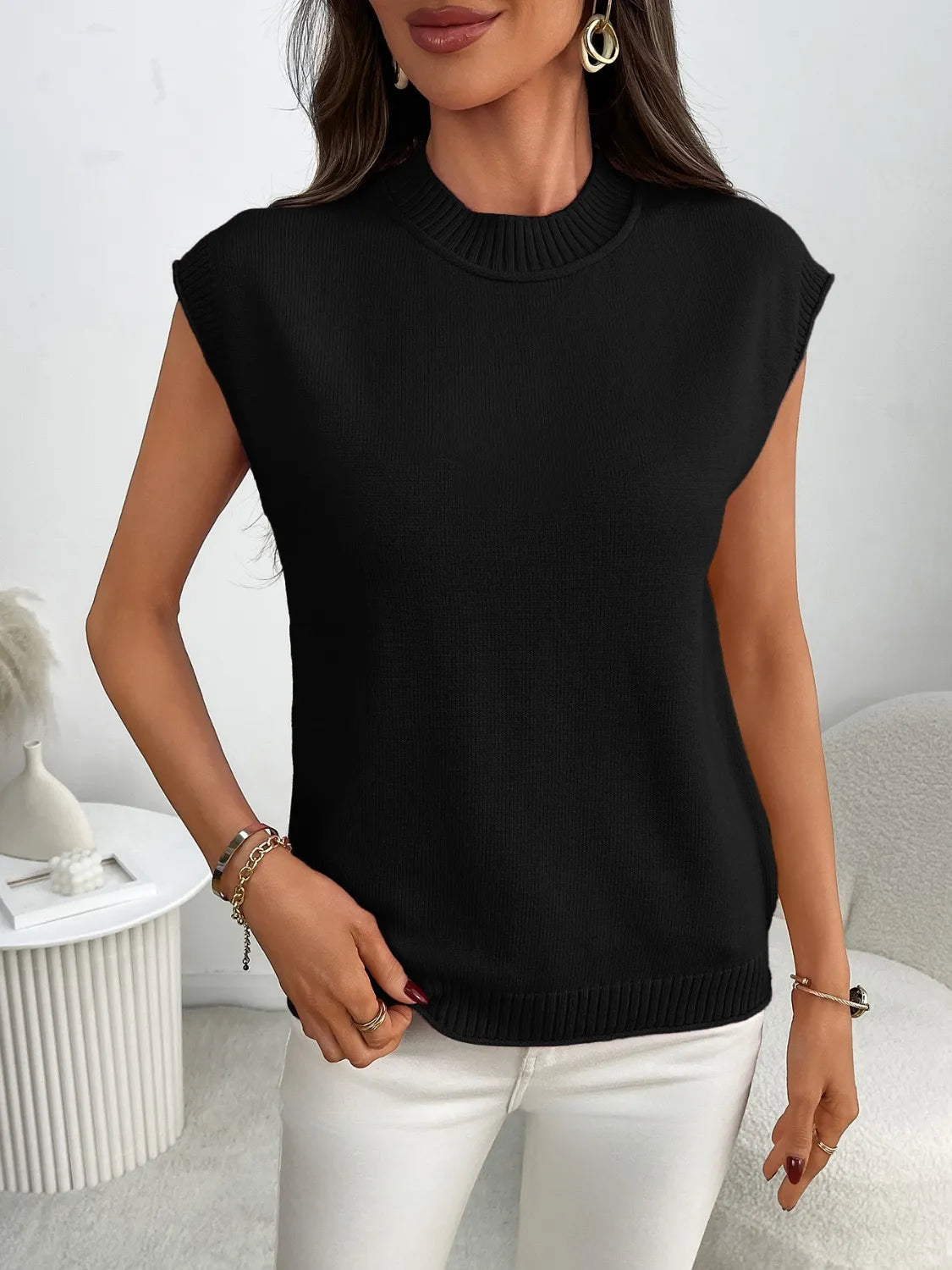 Mock Neck Cap Sleeve Knit Top-Tops-Krush Kandy, Women's Online Fashion Boutique Located in Phoenix, Arizona (Scottsdale Area)