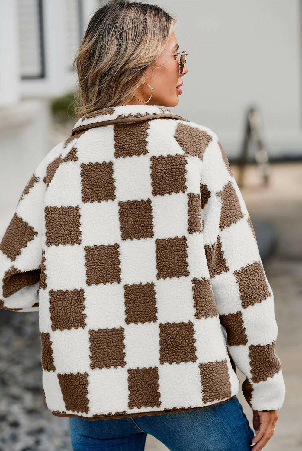 Checkered Snap Down Long Sleeve Teddy Jacket-Krush Kandy, Women's Online Fashion Boutique Located in Phoenix, Arizona (Scottsdale Area)