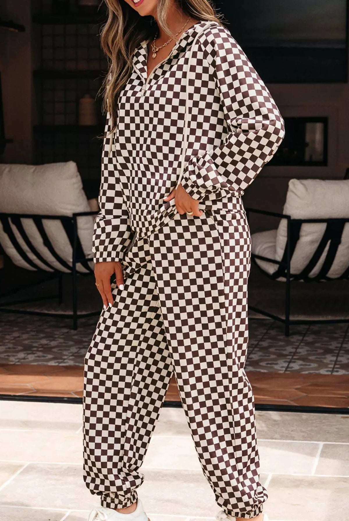 Checkered Drawstring Hoodie and Pants Set-2 Piece Outfit Sets-Krush Kandy, Women's Online Fashion Boutique Located in Phoenix, Arizona (Scottsdale Area)