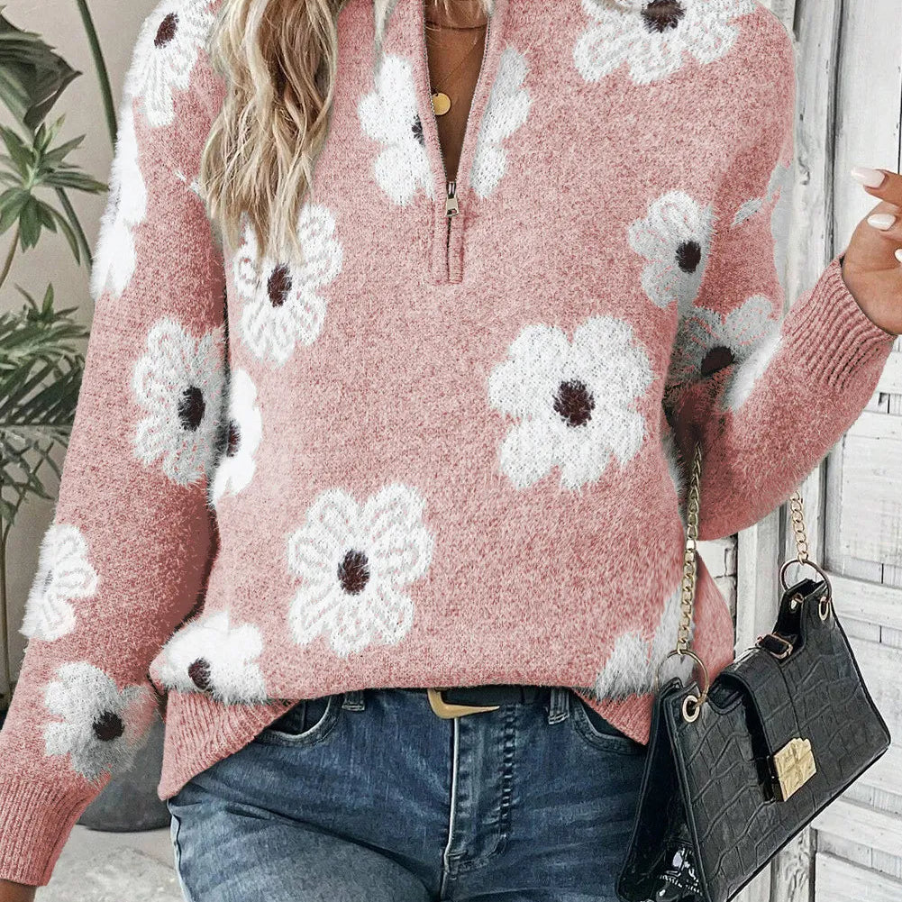 Flower Half Zip Long Sleeve Sweater-Sweaters-Krush Kandy, Women's Online Fashion Boutique Located in Phoenix, Arizona (Scottsdale Area)