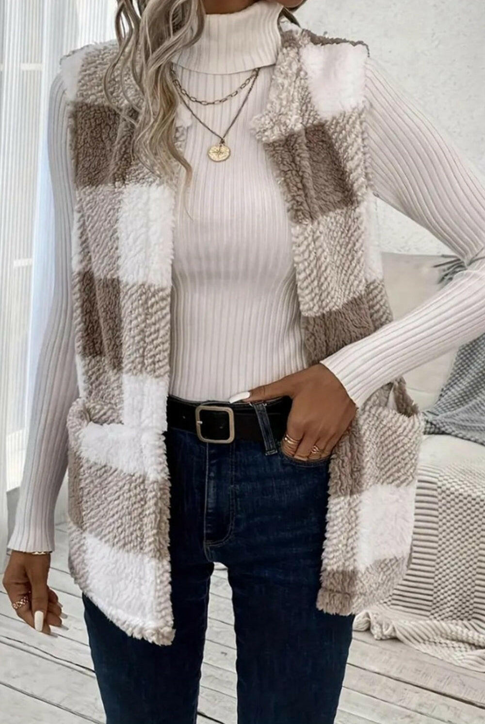 Sherpa Plaid Open Front Vest Coat-Krush Kandy, Women's Online Fashion Boutique Located in Phoenix, Arizona (Scottsdale Area)