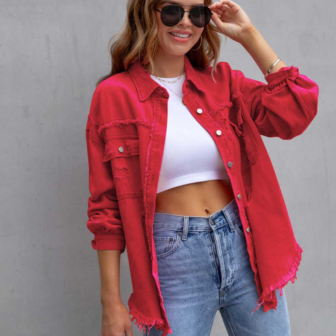 Distressed Drop Shoulder Denim Jacket-Krush Kandy, Women's Online Fashion Boutique Located in Phoenix, Arizona (Scottsdale Area)