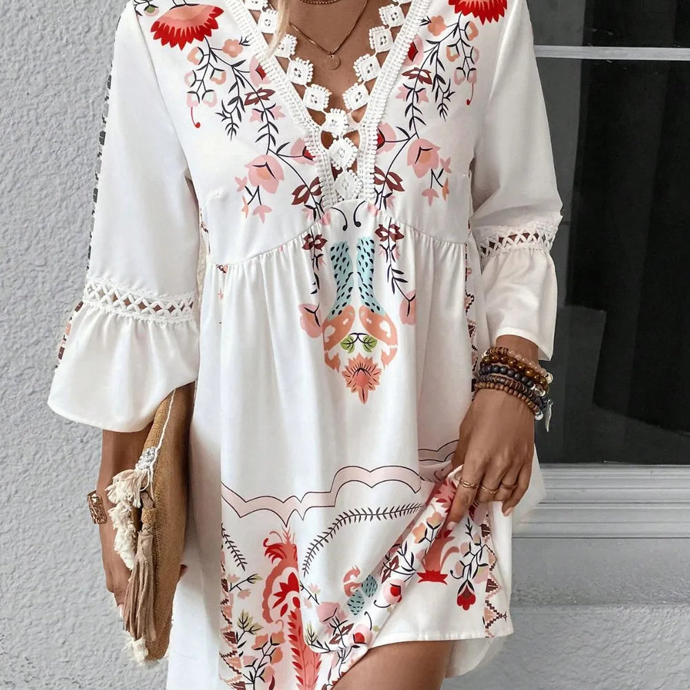 Lace Detail Printed Three-Quarter Sleeve Dress-Dresses-Krush Kandy, Women's Online Fashion Boutique Located in Phoenix, Arizona (Scottsdale Area)