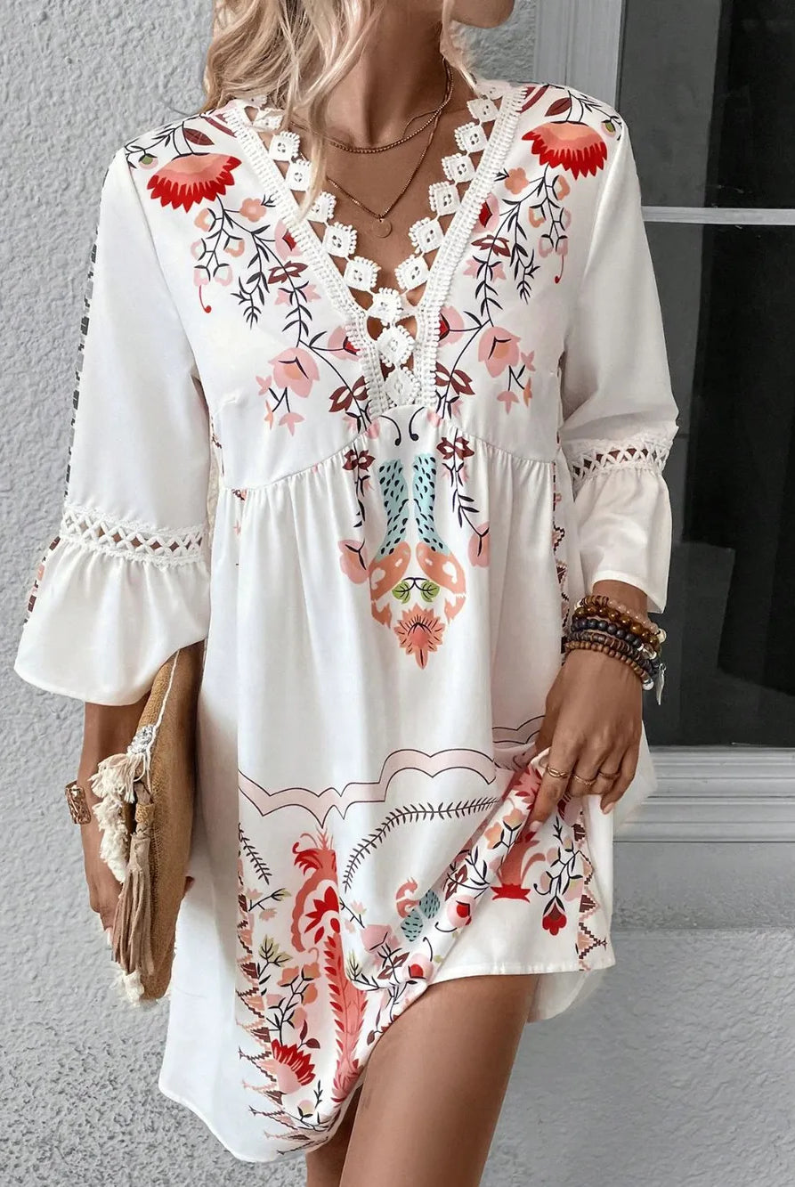 Lace Detail Printed Three-Quarter Sleeve Dress-Dresses-Krush Kandy, Women's Online Fashion Boutique Located in Phoenix, Arizona (Scottsdale Area)