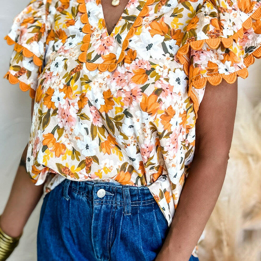 Ruffled Notched Short Sleeve Floral Blouse-Tops-Krush Kandy, Women's Online Fashion Boutique Located in Phoenix, Arizona (Scottsdale Area)