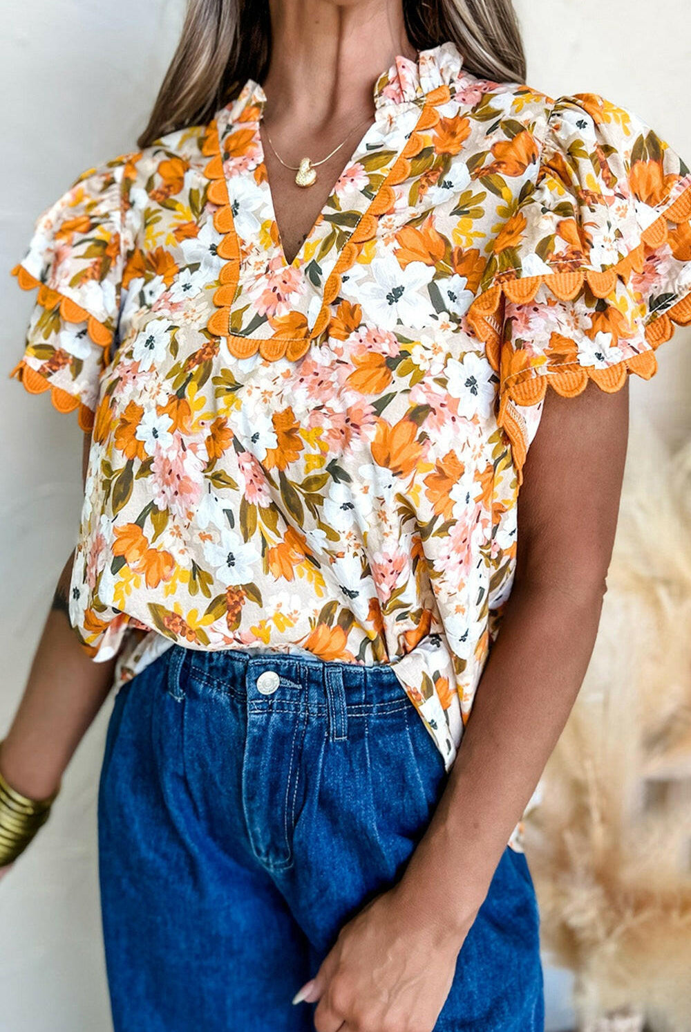 Ruffled Notched Short Sleeve Floral Blouse-Tops-Krush Kandy, Women's Online Fashion Boutique Located in Phoenix, Arizona (Scottsdale Area)
