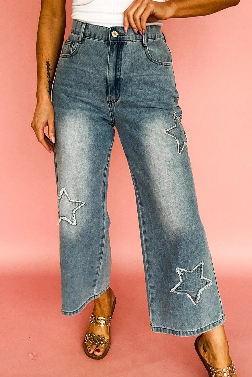 Star Embroidered High Waist Wide Leg Jeans-Jeans-Krush Kandy, Women's Online Fashion Boutique Located in Phoenix, Arizona (Scottsdale Area)