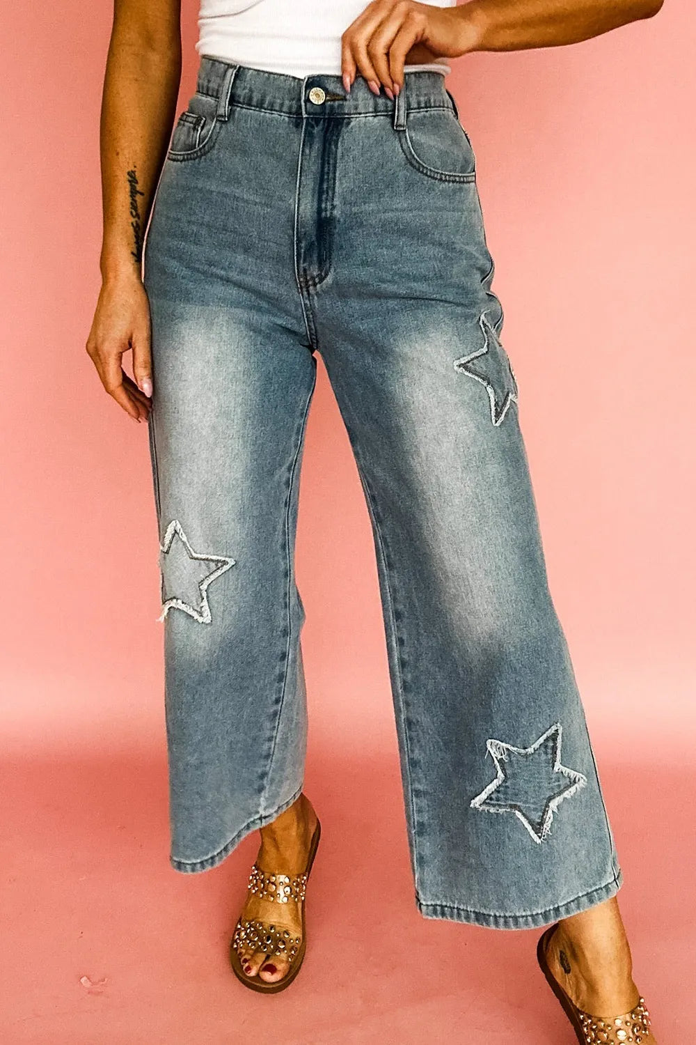 Star Embroidered High Waist Wide Leg Jeans-Jeans-Krush Kandy, Women's Online Fashion Boutique Located in Phoenix, Arizona (Scottsdale Area)