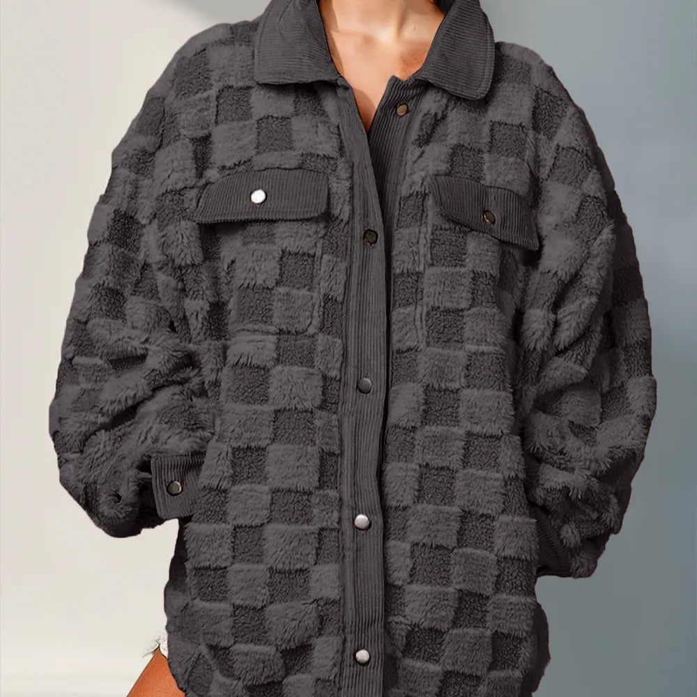 Double Take Button Up Fuzzy Checkered Shacket-Jacket-Krush Kandy, Women's Online Fashion Boutique Located in Phoenix, Arizona (Scottsdale Area)
