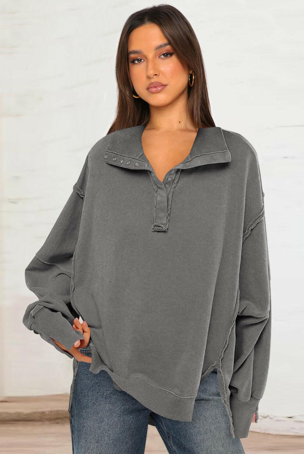 Exposed Seam Side Slit Long Sleeve Sweatshirt-Krush Kandy, Women's Online Fashion Boutique Located in Phoenix, Arizona (Scottsdale Area)