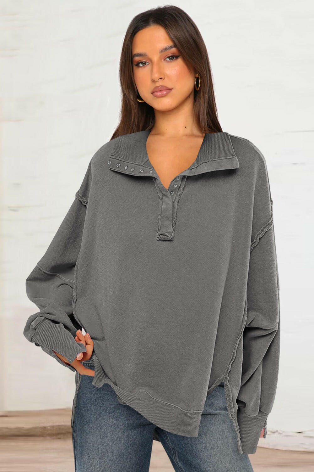 Exposed Seam Side Slit Long Sleeve Sweatshirt-Krush Kandy, Women's Online Fashion Boutique Located in Phoenix, Arizona (Scottsdale Area)