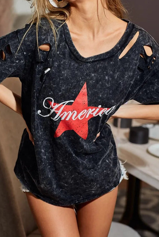 BiBi Laser Cut Mineral Washed Jersey Top with America-Tops-Krush Kandy, Women's Online Fashion Boutique Located in Phoenix, Arizona (Scottsdale Area)