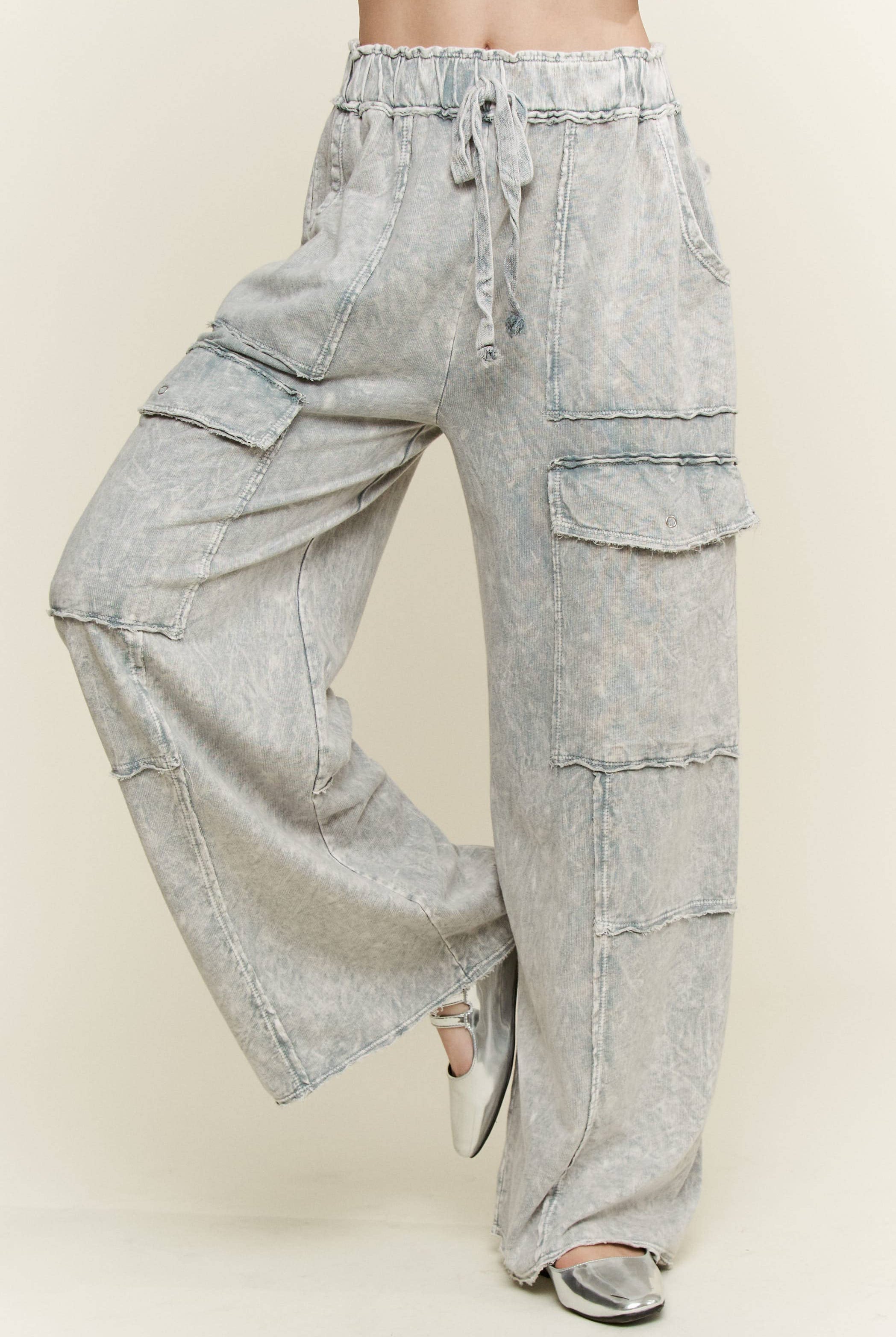 Mineral Wash Multi pockets Wide Leg Terry Pants-Pants-Krush Kandy, Women's Online Fashion Boutique Located in Phoenix, Arizona (Scottsdale Area)