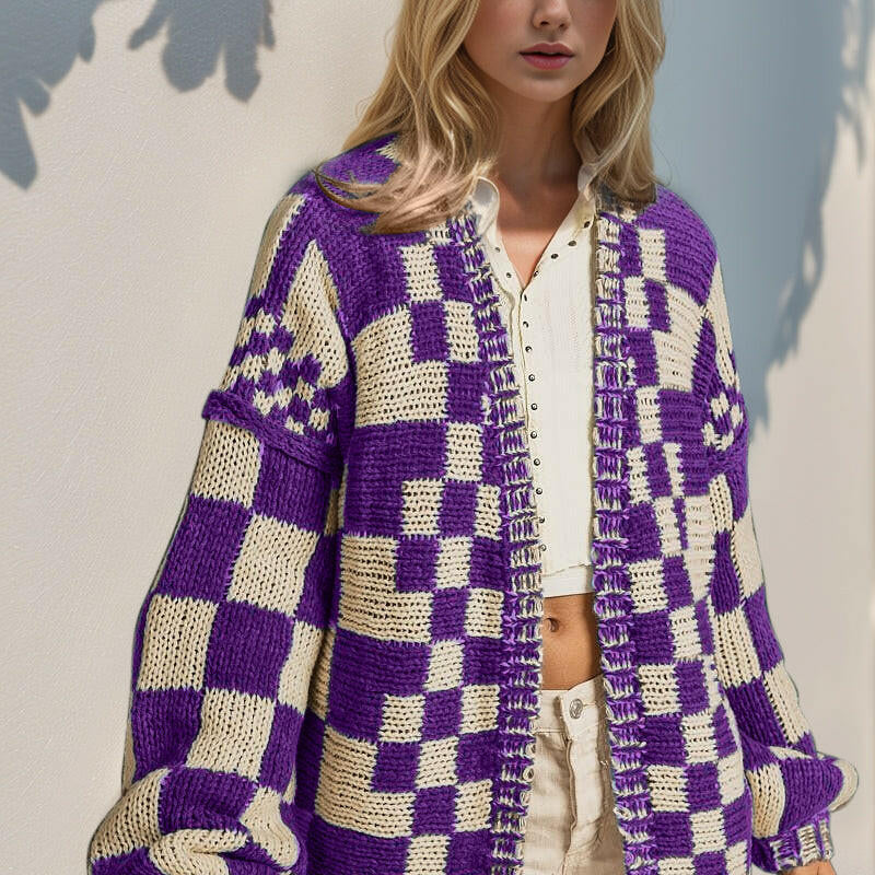 Double Take Full Size Open Front Checkered Drop Shoulder Cardigan-Krush Kandy, Women's Online Fashion Boutique Located in Phoenix, Arizona (Scottsdale Area)