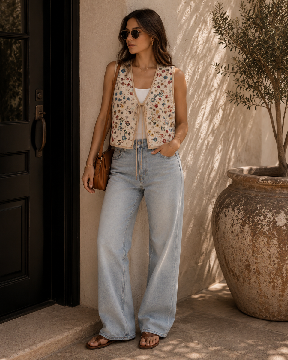 Floral Embroidered Tie-Front Vest | Vintage Sleeveless Layering