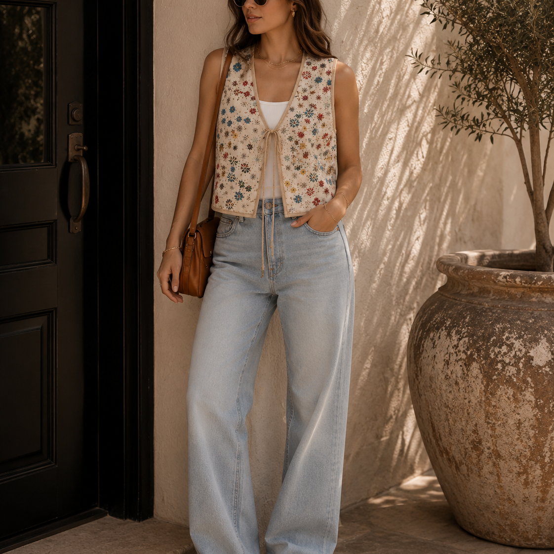 Floral Embroidered Tie-Front Vest