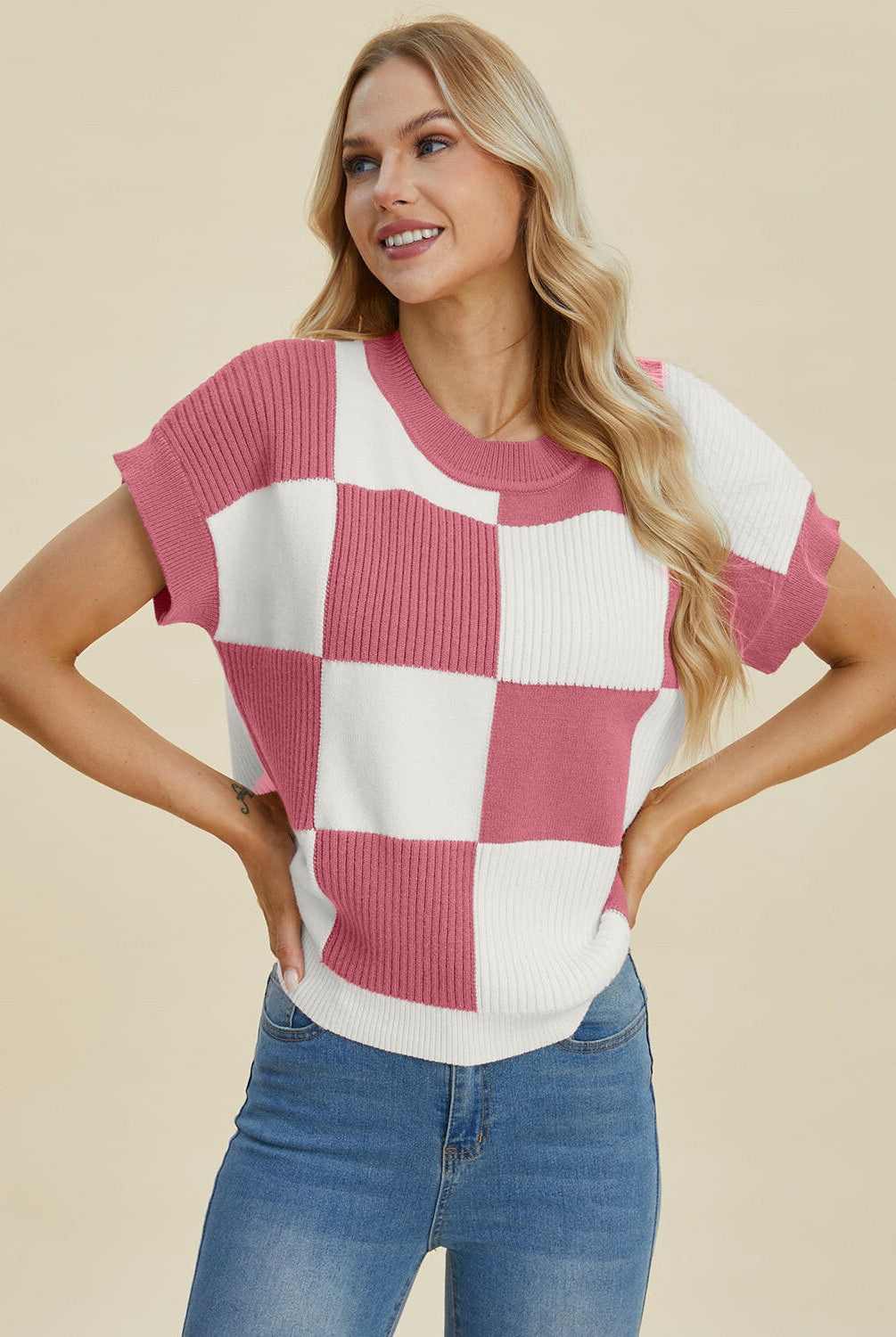 Double Take Full Size Checkered Round Neck Short Sleeve Sweater-Tops-Krush Kandy, Women's Online Fashion Boutique Located in Phoenix, Arizona (Scottsdale Area)