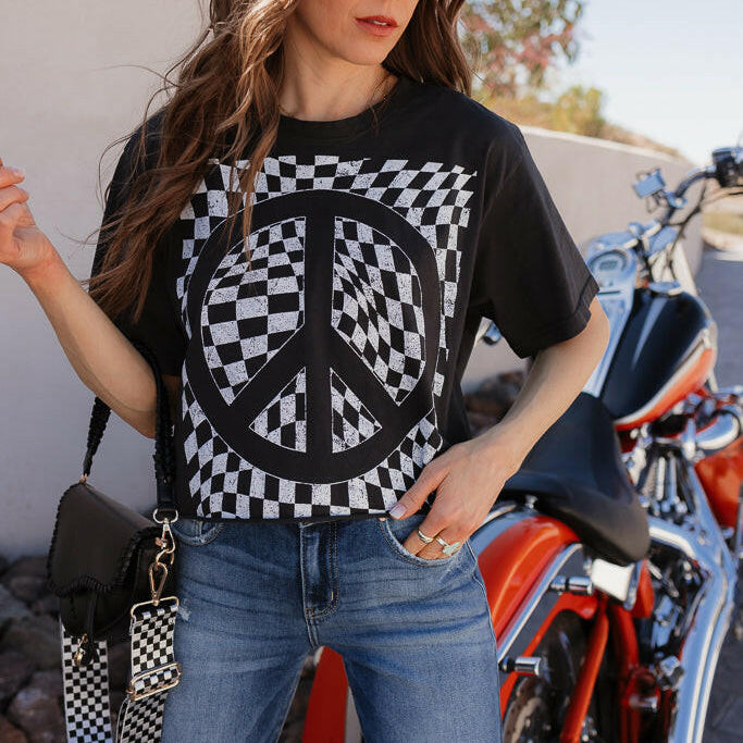 Checkered Peace Graphic Tee-Graphic Tees-Krush Kandy, Women's Online Fashion Boutique Located in Phoenix, Arizona (Scottsdale Area)