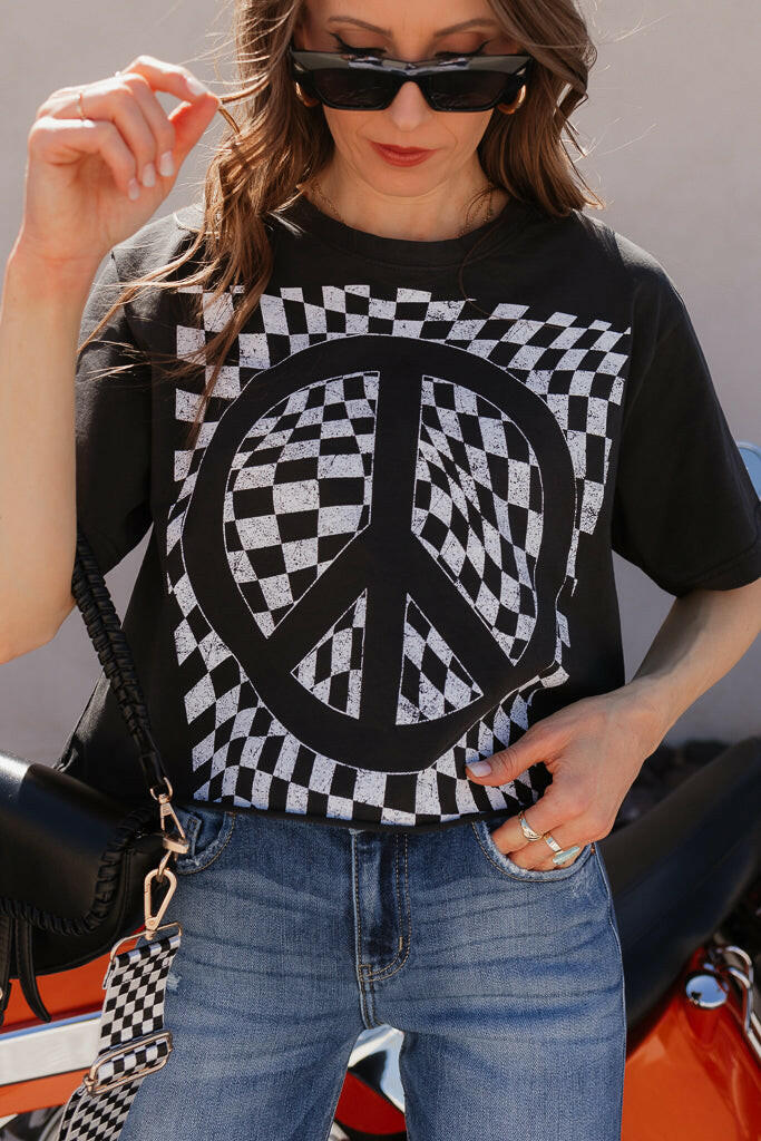 Checkered Peace Graphic Tee-Graphic Tees-Krush Kandy, Women's Online Fashion Boutique Located in Phoenix, Arizona (Scottsdale Area)
