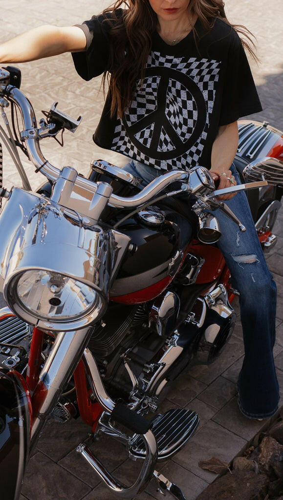 Checkered Peace Graphic Tee-Graphic Tees-Krush Kandy, Women's Online Fashion Boutique Located in Phoenix, Arizona (Scottsdale Area)