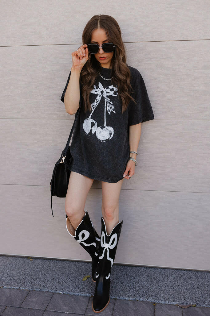 Checkered Bow Cherry Graphic MIneral Washed Boyfriend Tee-Graphic Tees-Krush Kandy, Women's Online Fashion Boutique Located in Phoenix, Arizona (Scottsdale Area)
