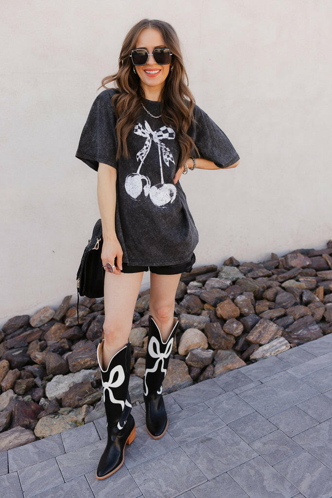 Checkered Bow Cherry Graphic MIneral Washed Boyfriend Tee-Graphic Tees-Krush Kandy, Women's Online Fashion Boutique Located in Phoenix, Arizona (Scottsdale Area)