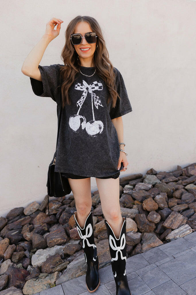 Checkered Bow Cherry Graphic MIneral Washed Boyfriend Tee-Graphic Tees-Krush Kandy, Women's Online Fashion Boutique Located in Phoenix, Arizona (Scottsdale Area)