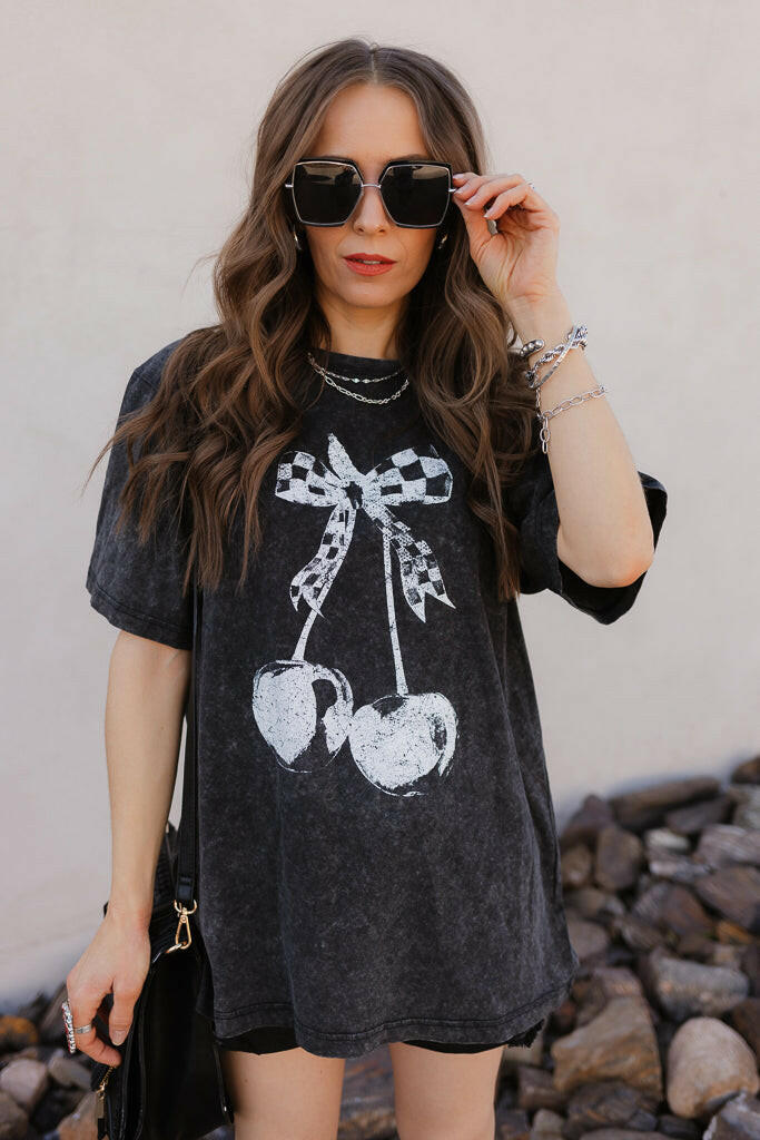 Checkered Bow Cherry Graphic MIneral Washed Boyfriend Tee-Graphic Tees-Krush Kandy, Women's Online Fashion Boutique Located in Phoenix, Arizona (Scottsdale Area)