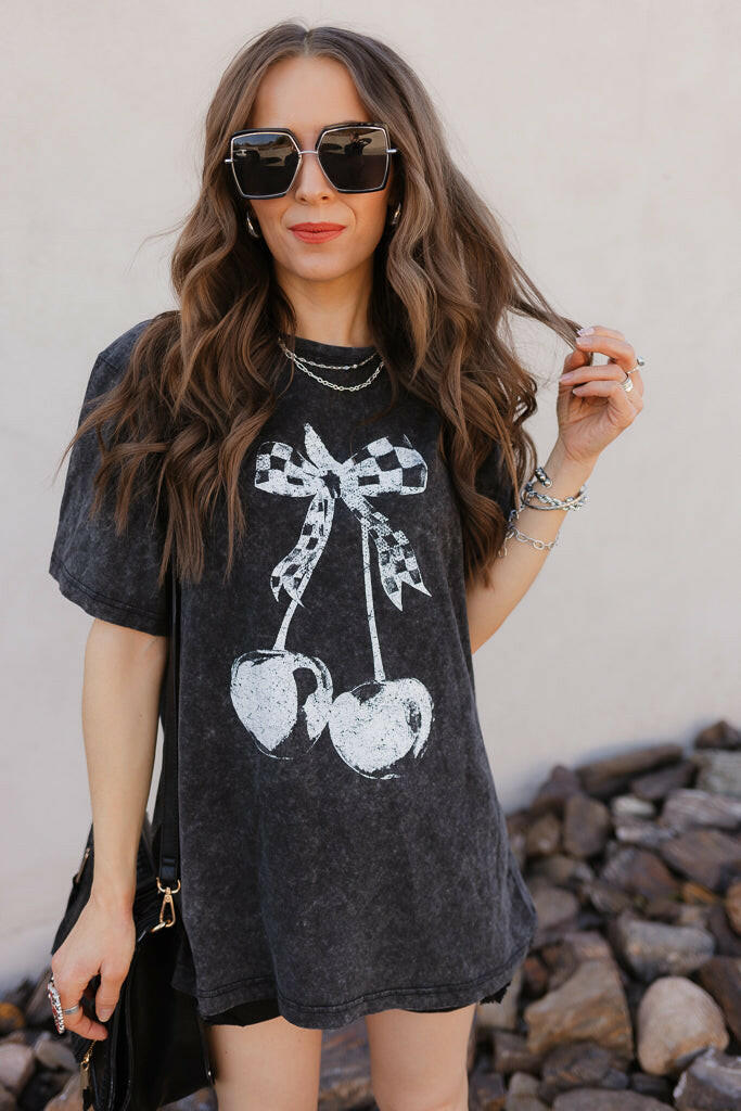 Checkered Bow Cherry Graphic MIneral Washed Boyfriend Tee-Graphic Tees-Krush Kandy, Women's Online Fashion Boutique Located in Phoenix, Arizona (Scottsdale Area)