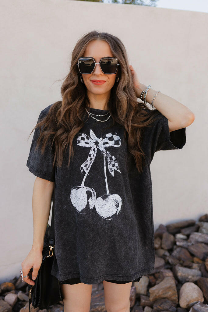 Checkered Bow Cherry Graphic MIneral Washed Boyfriend Tee-Graphic Tees-Krush Kandy, Women's Online Fashion Boutique Located in Phoenix, Arizona (Scottsdale Area)