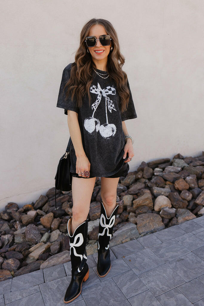 Checkered Bow Cherry Graphic MIneral Washed Boyfriend Tee-Graphic Tees-Krush Kandy, Women's Online Fashion Boutique Located in Phoenix, Arizona (Scottsdale Area)