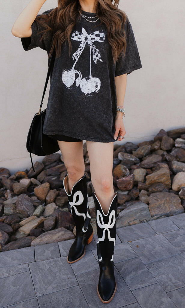 Checkered Bow Cherry Graphic MIneral Washed Boyfriend Tee-Graphic Tees-Krush Kandy, Women's Online Fashion Boutique Located in Phoenix, Arizona (Scottsdale Area)