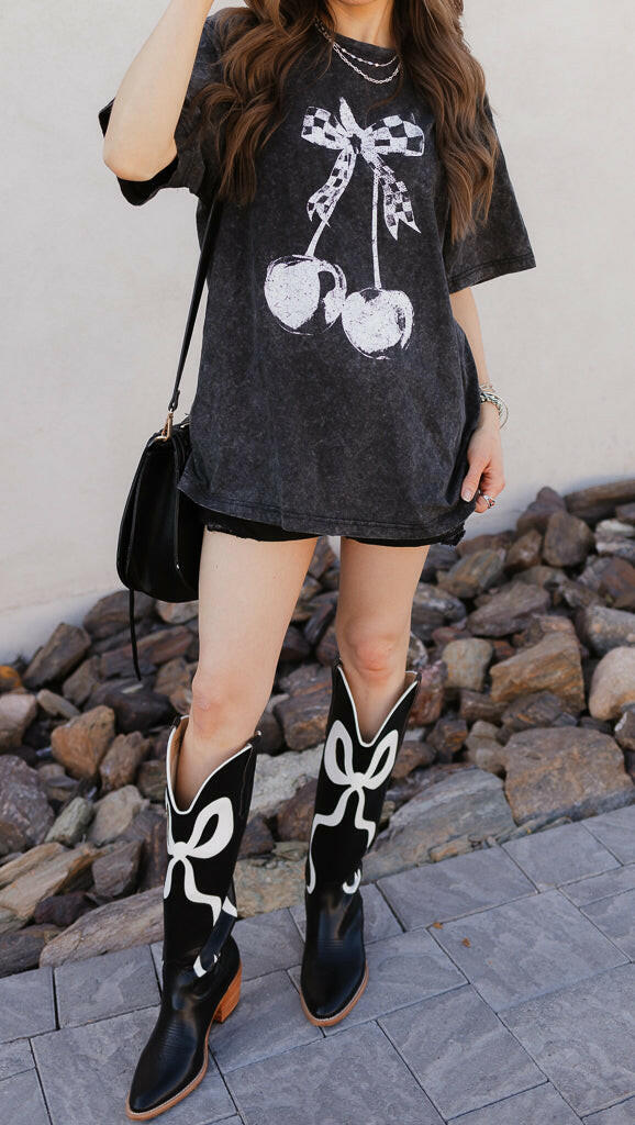 Checkered Bow Cherry Graphic MIneral Washed Boyfriend Tee-Graphic Tees-Krush Kandy, Women's Online Fashion Boutique Located in Phoenix, Arizona (Scottsdale Area)
