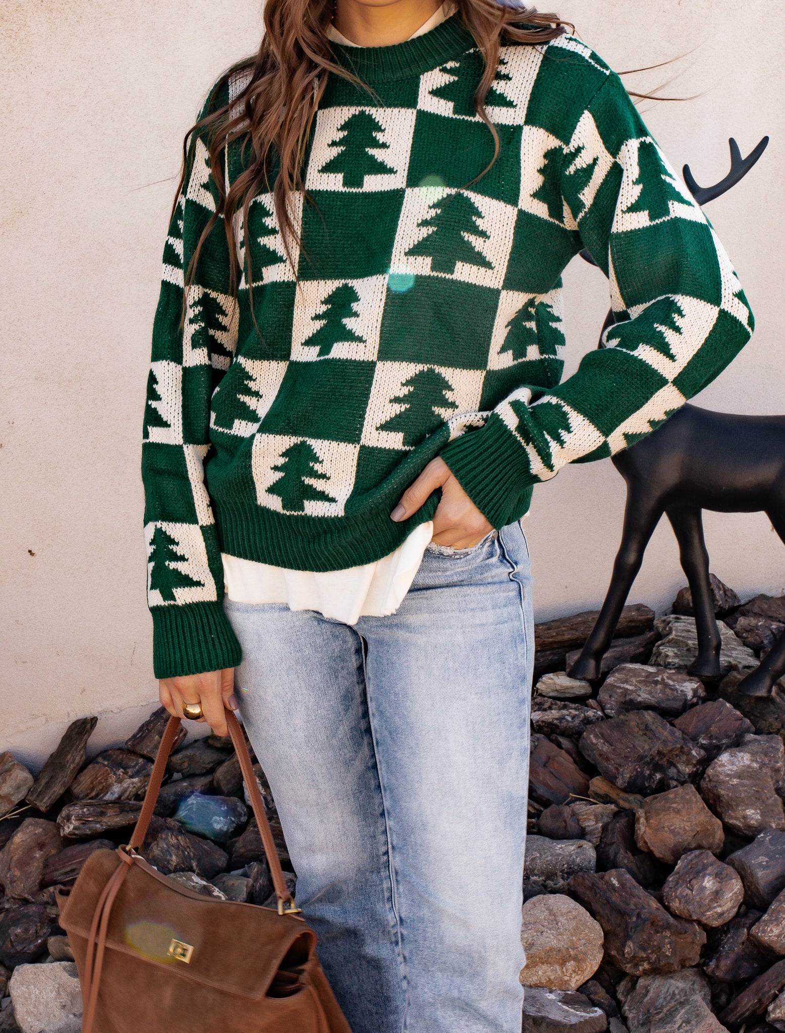 Holiday Pines Checkered Long Sleeve Sweater-Sweaters-Krush Kandy, Women's Online Fashion Boutique Located in Phoenix, Arizona (Scottsdale Area)