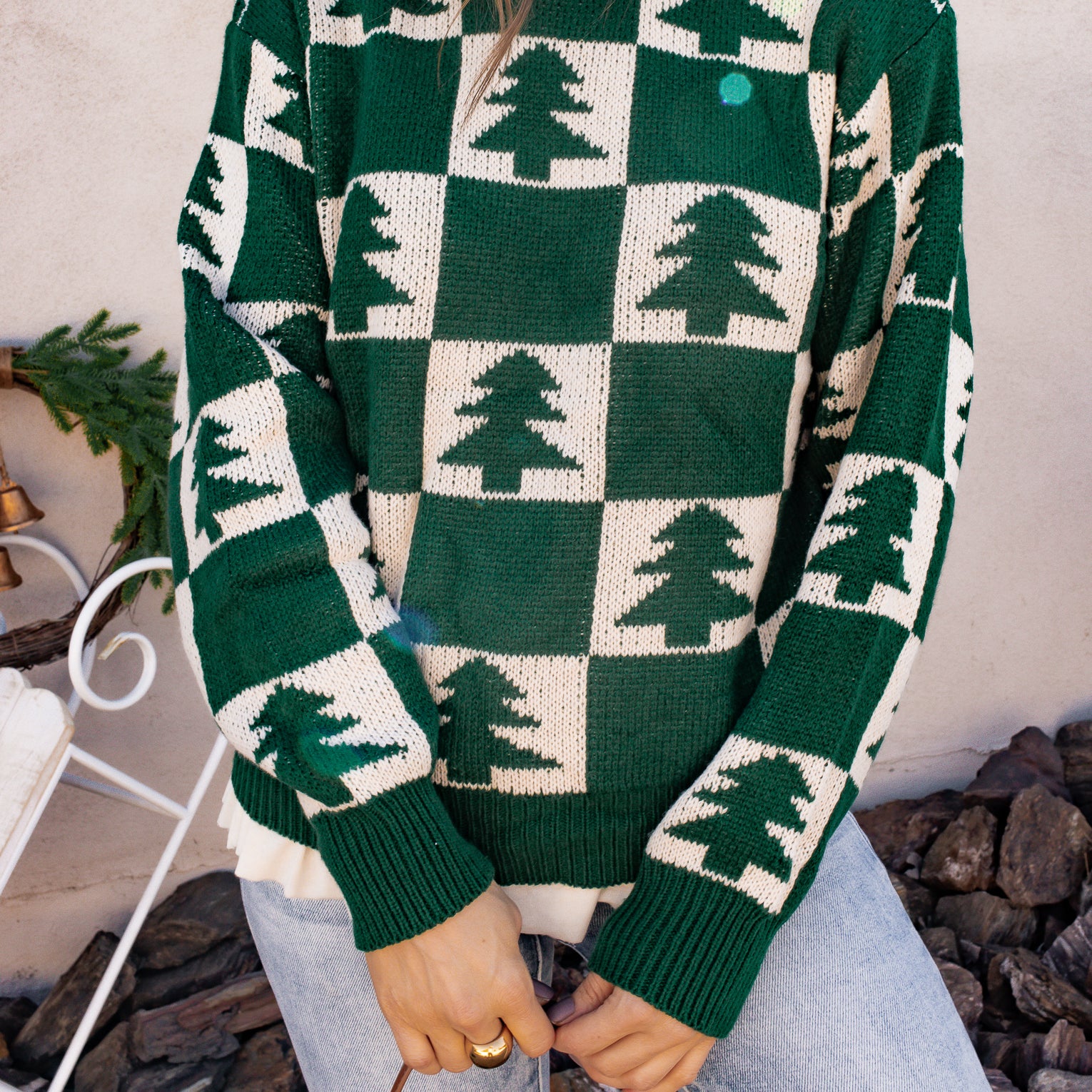 Holiday Pines Checkered Long Sleeve Sweater-Sweaters-Krush Kandy, Women's Online Fashion Boutique Located in Phoenix, Arizona (Scottsdale Area)