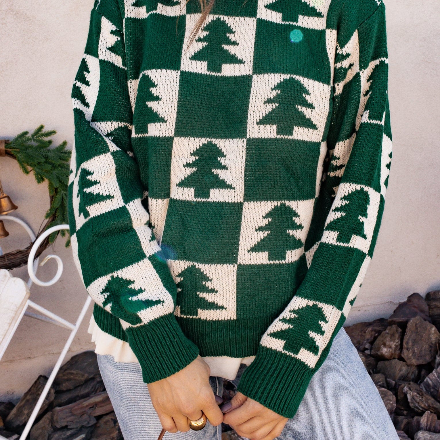 Holiday Pines Checkered Long Sleeve Sweater-Sweaters-Krush Kandy, Women's Online Fashion Boutique Located in Phoenix, Arizona (Scottsdale Area)
