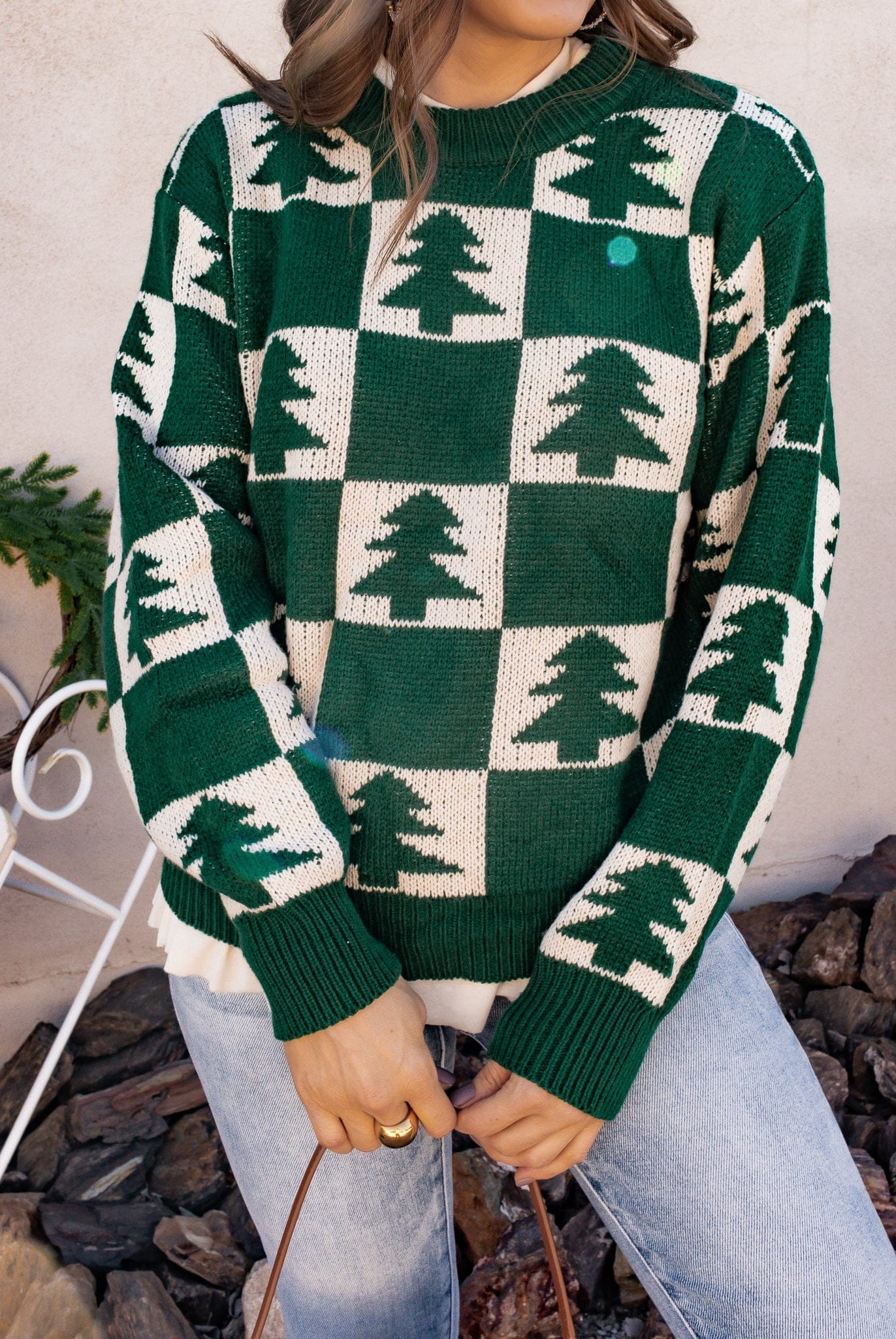 Holiday Pines Checkered Long Sleeve Sweater-Sweaters-Krush Kandy, Women's Online Fashion Boutique Located in Phoenix, Arizona (Scottsdale Area)