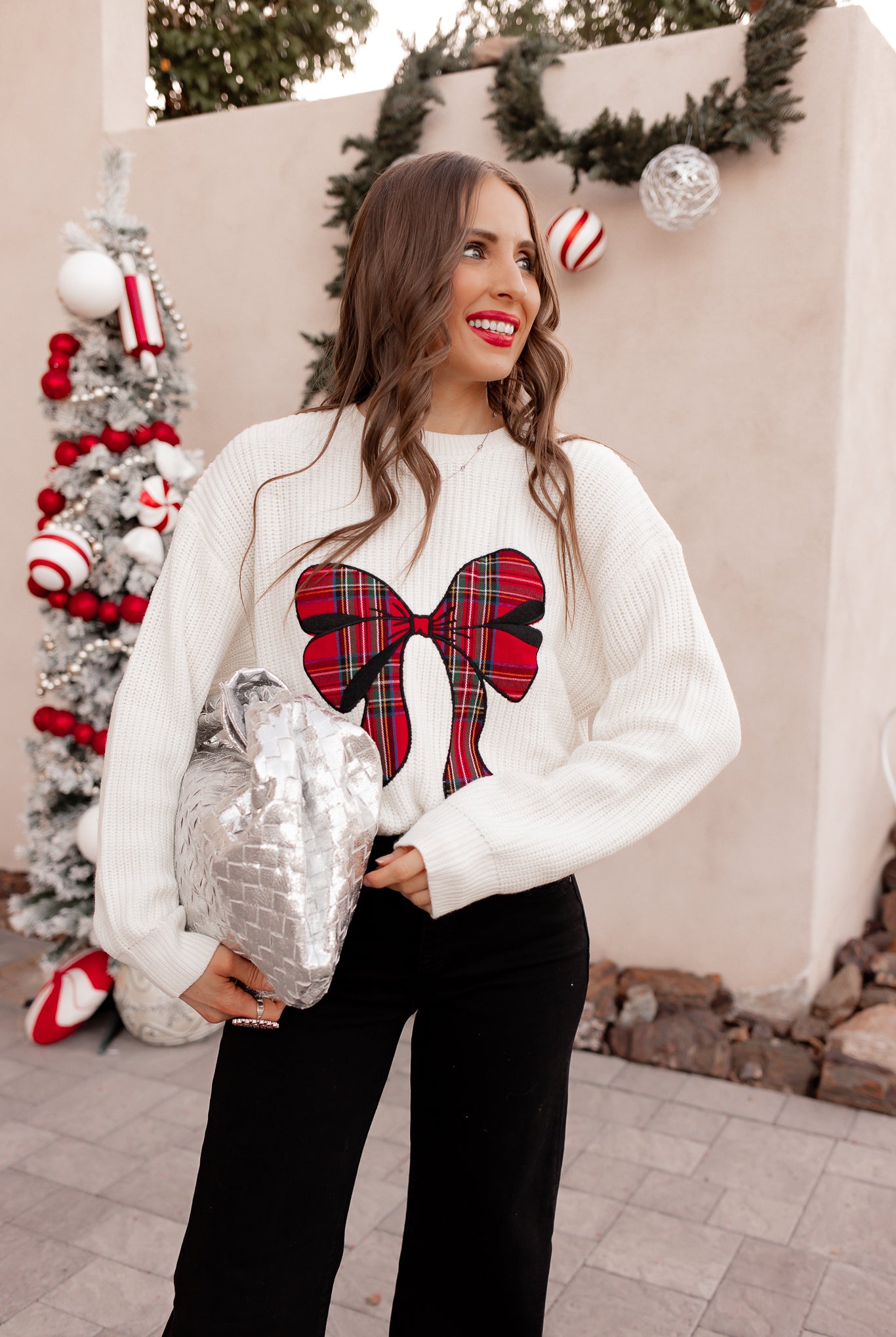 Plaid Bow Holiday Sweater \ KKB EXCLUSIVE XS-3X-Sweater-Krush Kandy, Women's Online Fashion Boutique Located in Phoenix, Arizona (Scottsdale Area)